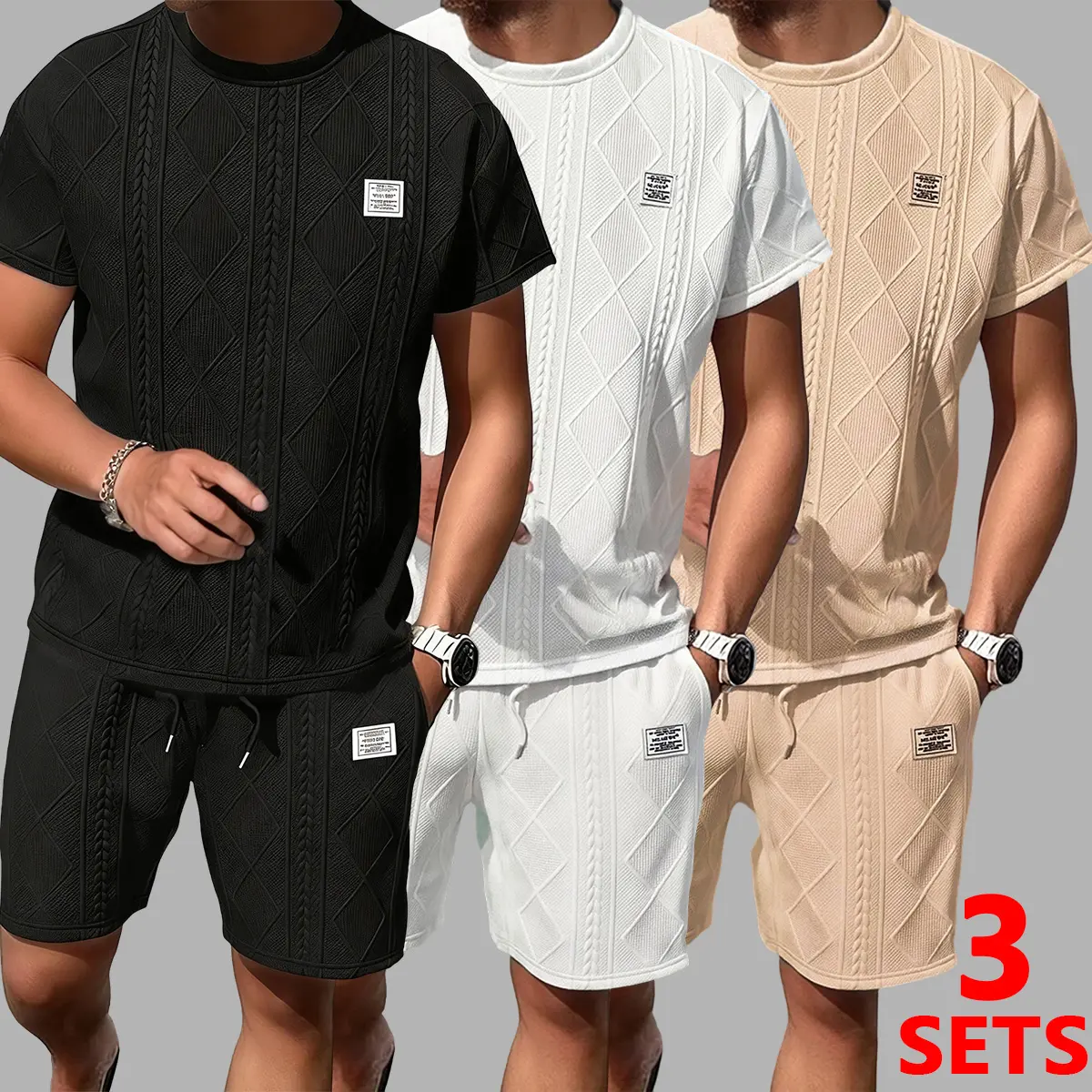 Men's 3 set Casual Jacquard 2-Piece Outfits – Breathable Crew Neck T-Shirt & Shorts Set for Summer Running & Leisure, Preppy Fitted Cut