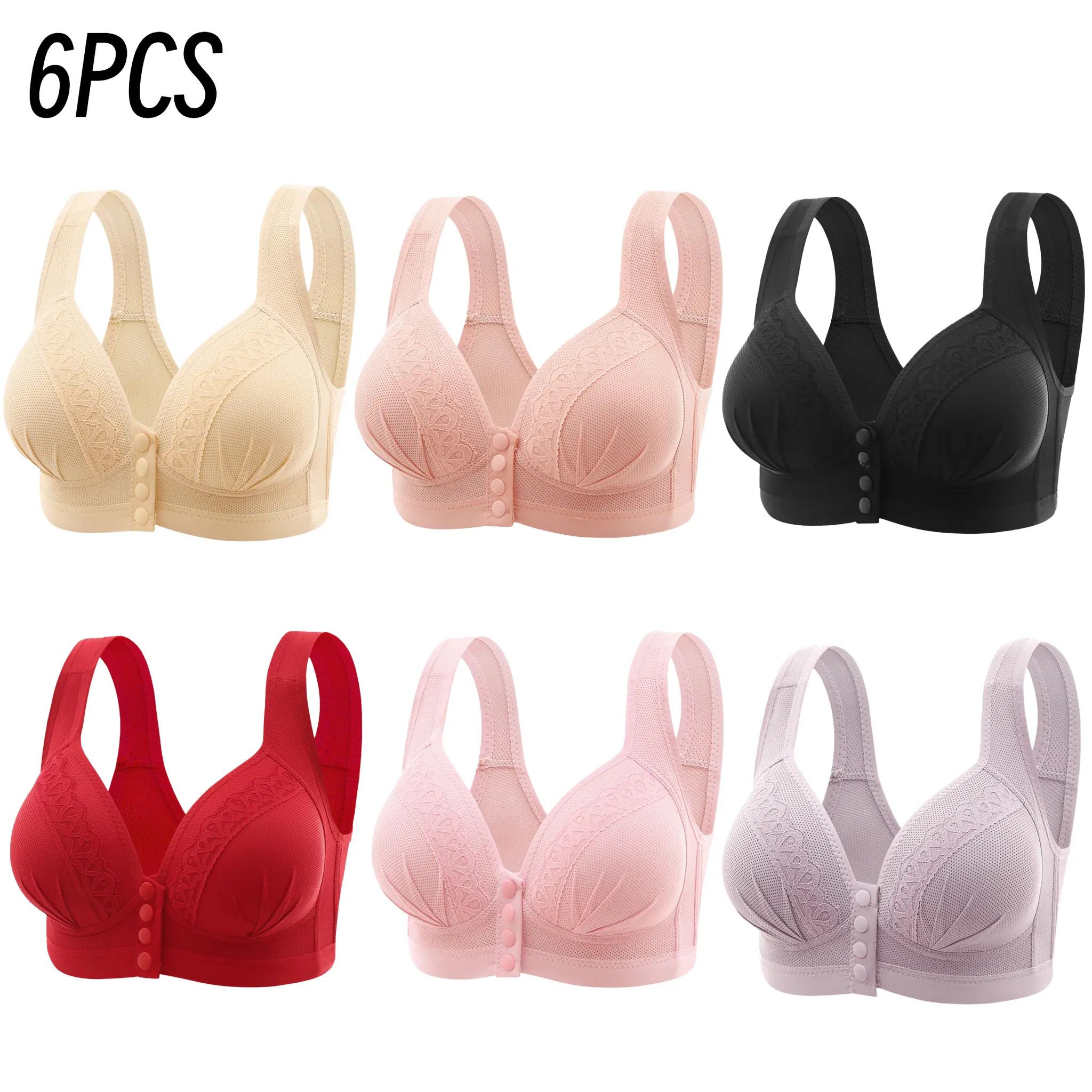 Women's 6-Pack Front Closure Push-Up Bra – Jacquard Full Coverage Unlined Seamless Underwire Bra for Daily Wear