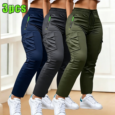 Women's 3-Pack Multi-Pocket Overalls – Drawstring Casual Straight Trousers for Outdoor & Daily Wear