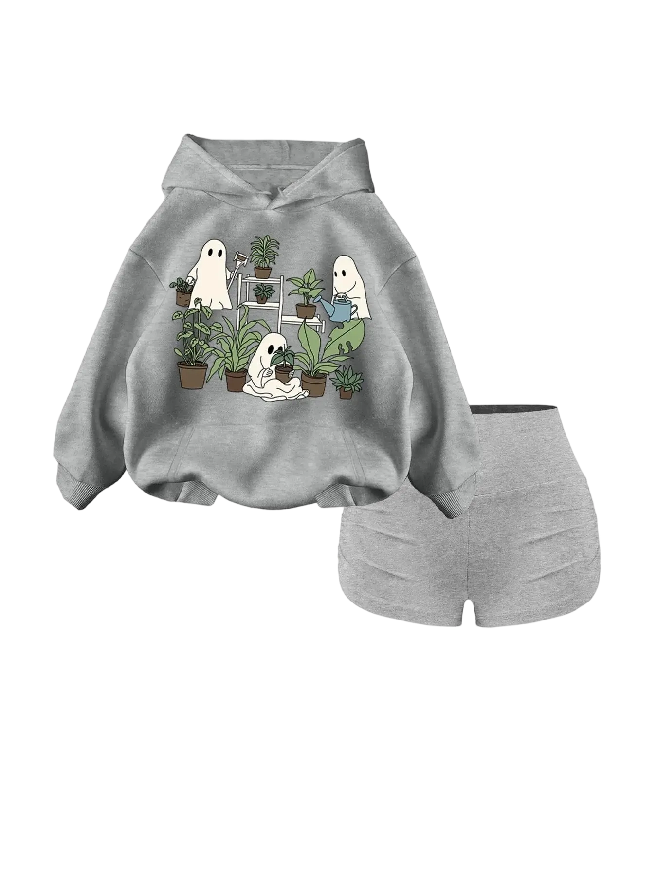 Women's 2-Piece Hooded Sweatshirt Set – Preppy Knit Pullover with Pocket & Halloween Print