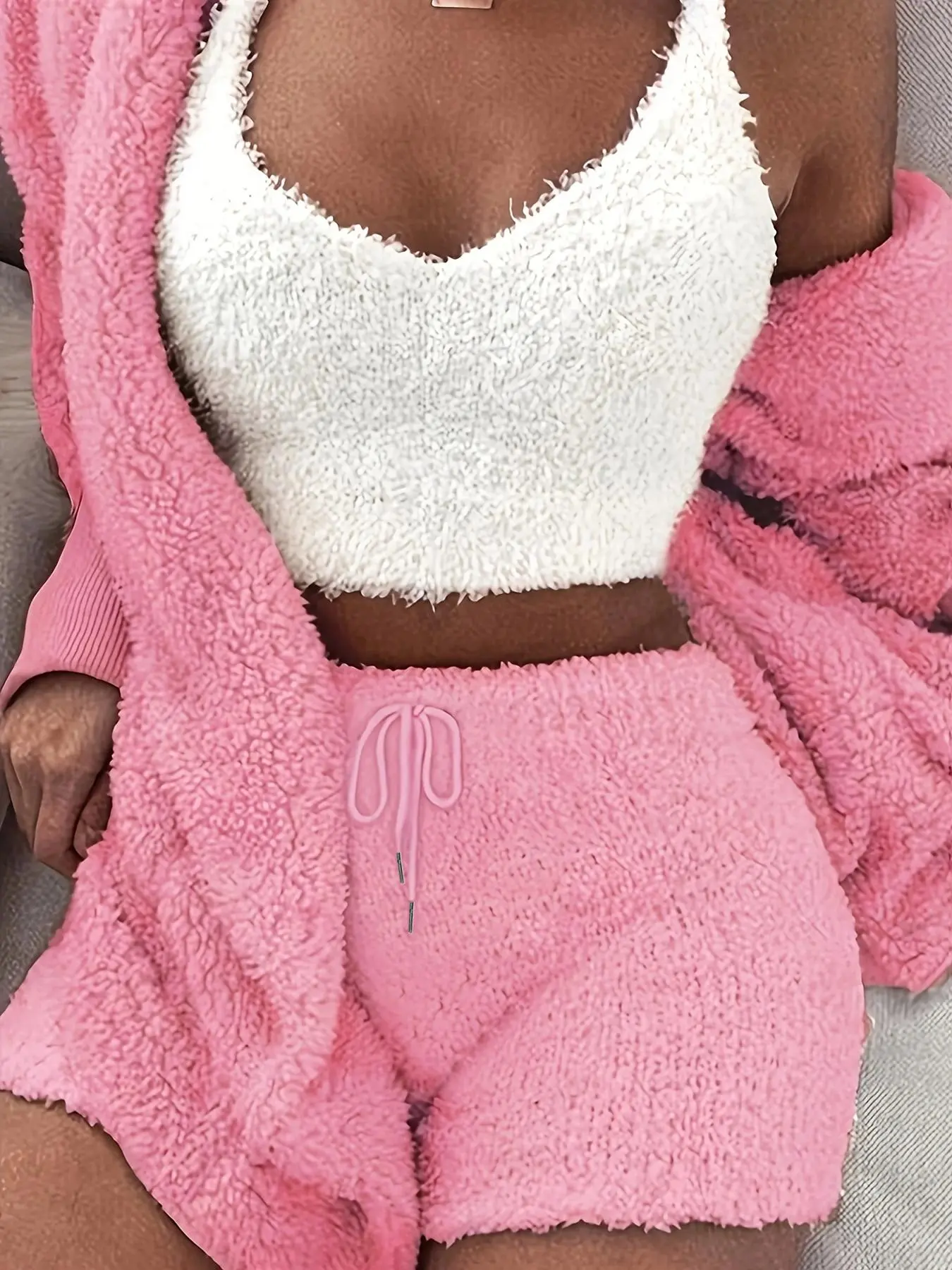 Women's 3-Piece Plush Pajama Set – Fluffy Hooded Coat, Cami Top & Shorts Winter Sleepwear
