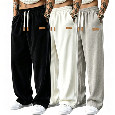 Men's 3-Pack Wide Leg Athletic Pants – Loose Drawstring Casual Streetwear Pants with Leather Tag