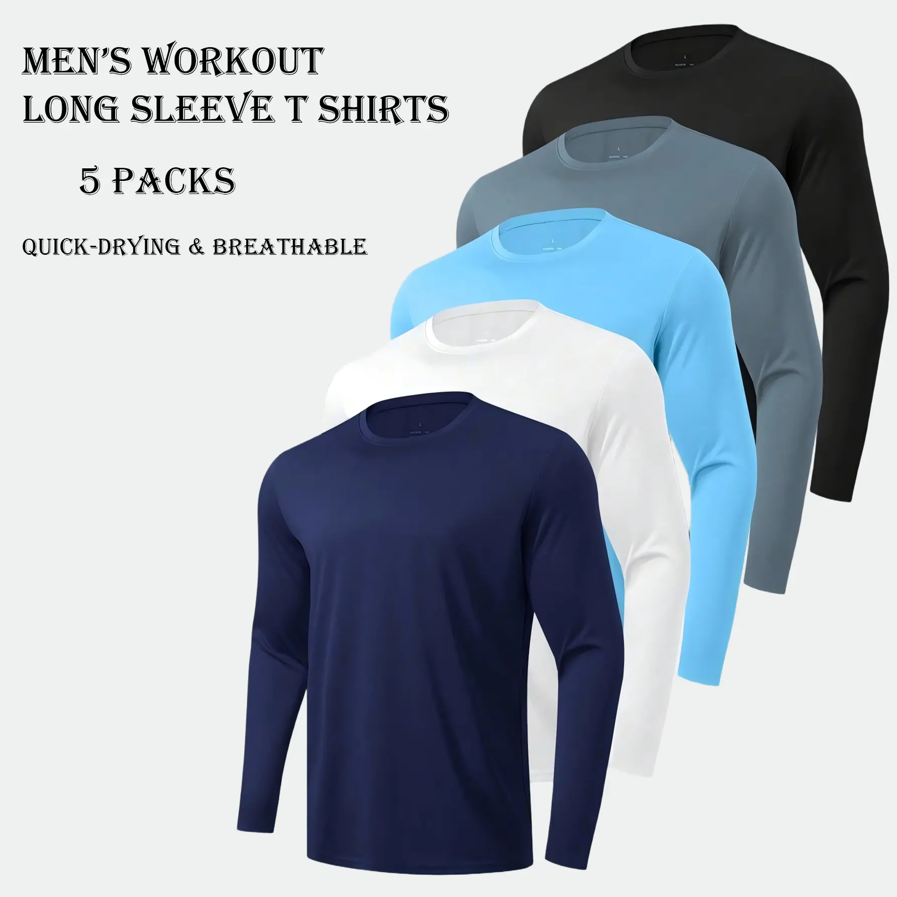 10-Pack Men's Long Sleeve Workout T-Shirts – Lightweight Breathable Sports Tops, Multi-Color
