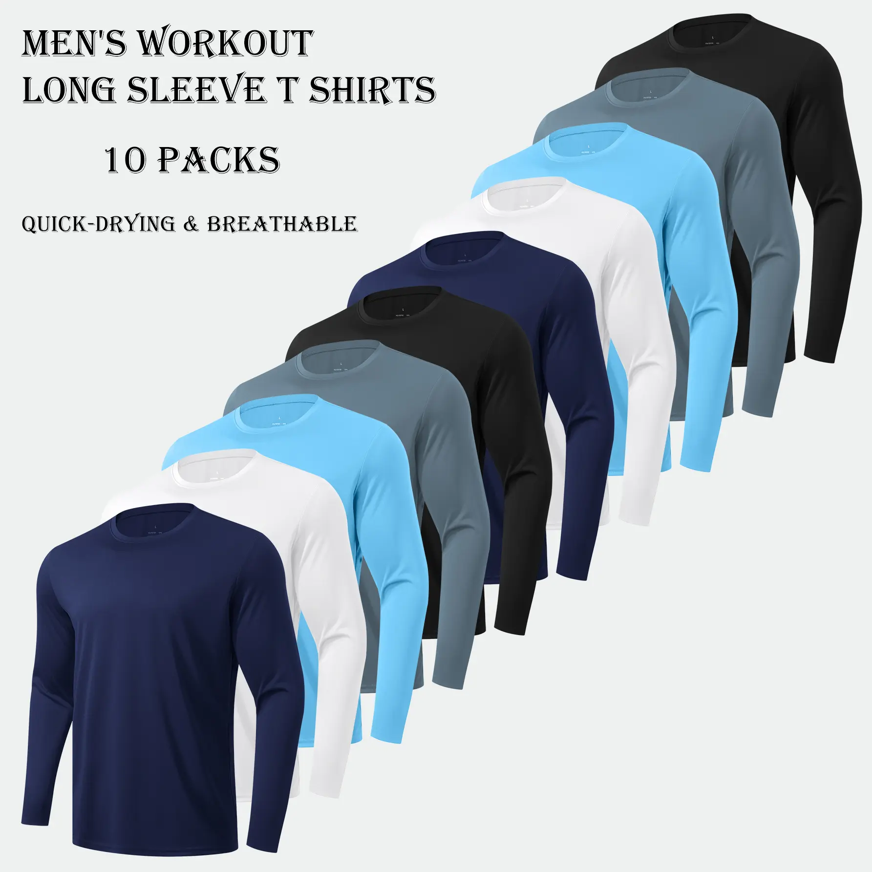 10-Pack Men's Long Sleeve Workout T-Shirts – Lightweight Breathable Sports Tops, Multi-Color