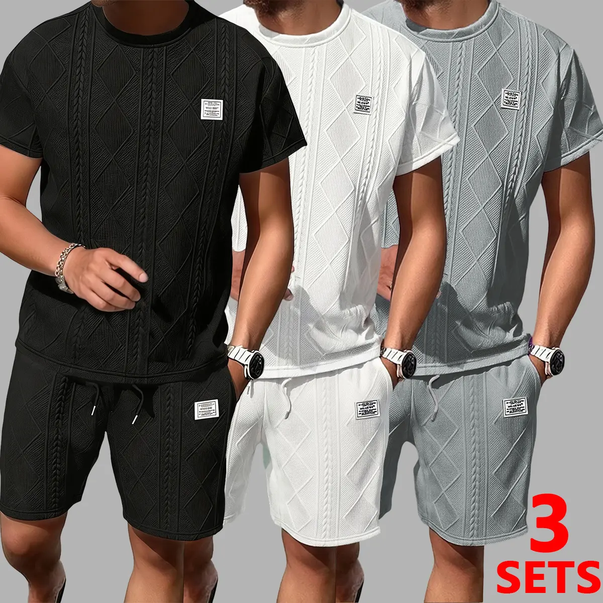 Men's 3 set Casual Jacquard 2-Piece Outfits – Breathable Crew Neck T-Shirt & Shorts Set for Summer Running & Leisure, Preppy Fitted Cut