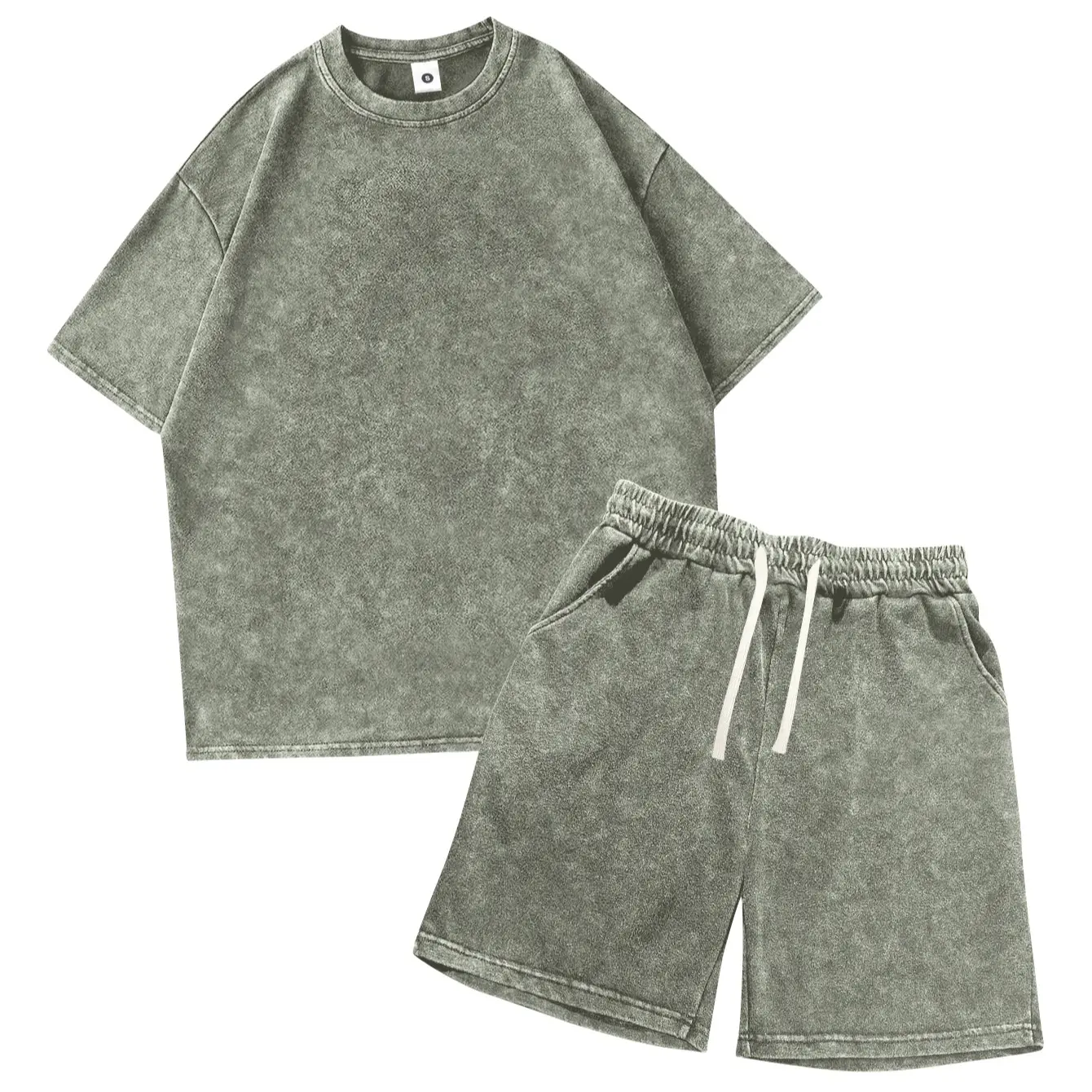 Men's 4-Piece Loungewear Set – Vintage Acid-Wash T-Shirt & Elastic Drawstring Shorts for Summer Casual & Camping
