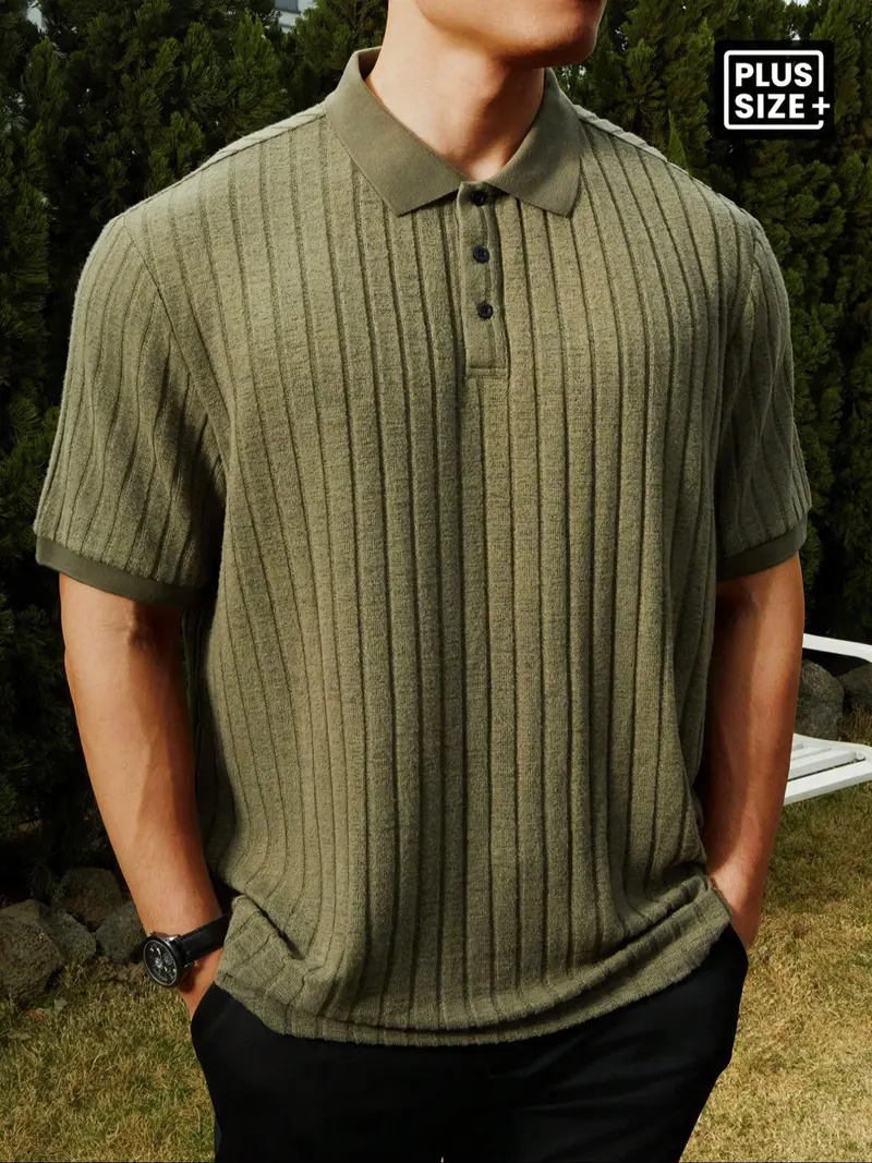Plus Size Men's Ribbed Polo Shirt – Loose Knit Collar Striped Casual Short Sleeve Top