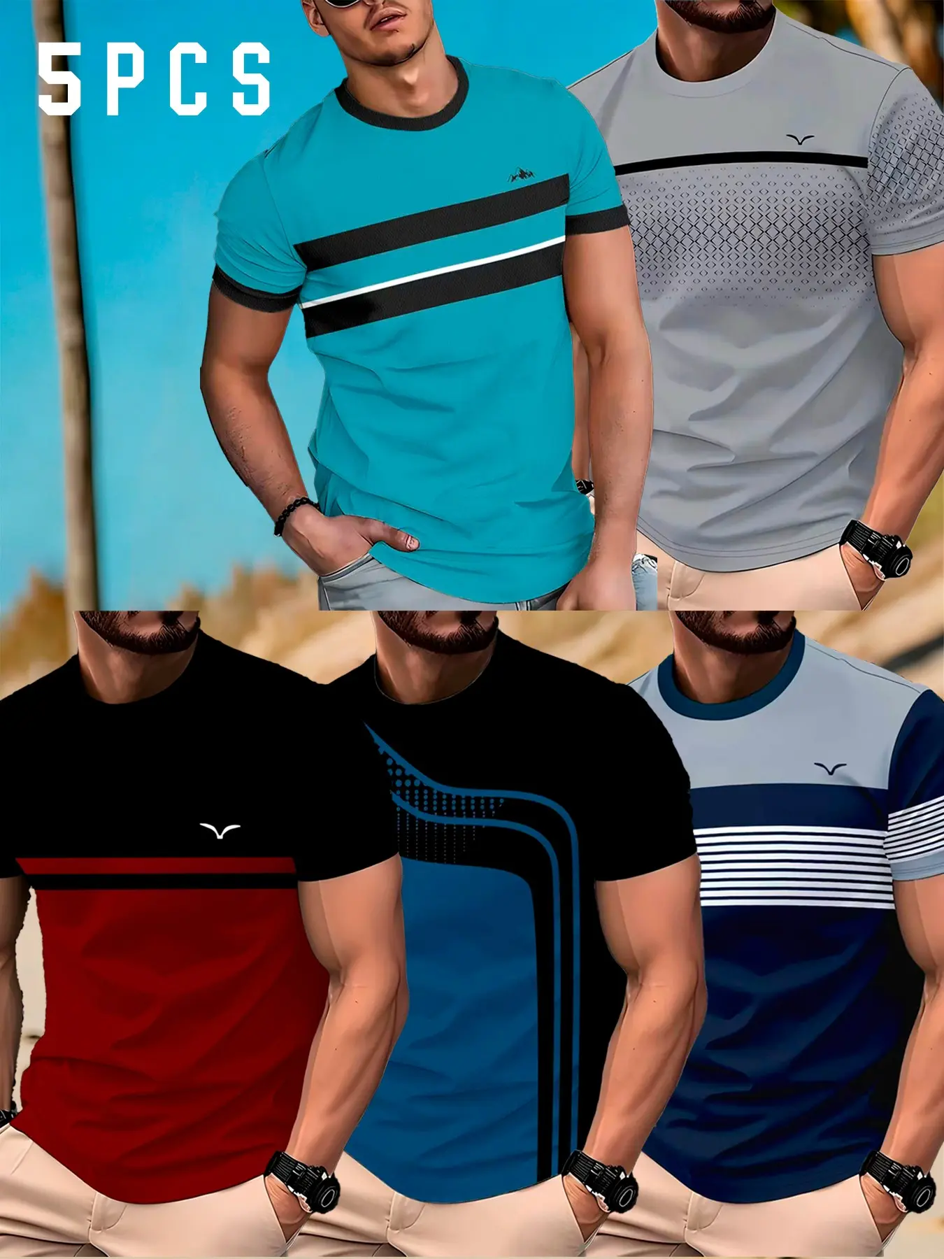 Men's 5-Pack Striped Gradient Tees – Quick-Dry Breathable Summer Short-Sleeve T-Shirts