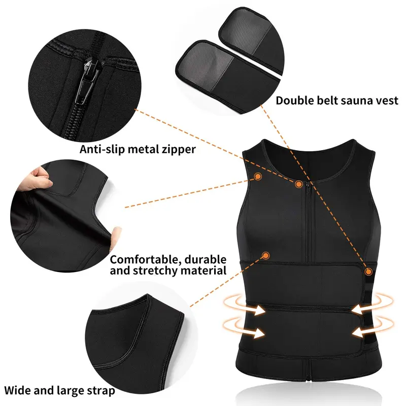 Sauna Vest, Double Belt Sauna Vest Waist Trainer, Men Body Shaping Waist Trainer Gym Fitness Breathable Sweat Abdominal Shaping Tank Top Muscle Sports Compression Workout Apparel