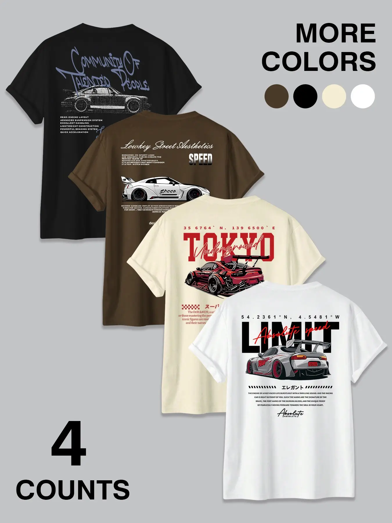 Men's 4-Pack JDM Street Tee – Racing Graphic Fitted Casual T-Shirt Set