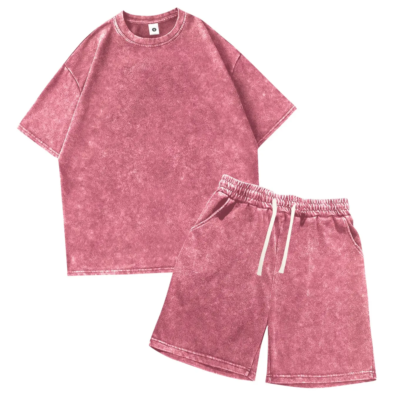 Men's 4-Piece Loungewear Set – Vintage Acid-Wash T-Shirt & Elastic Drawstring Shorts for Summer Casual & Camping