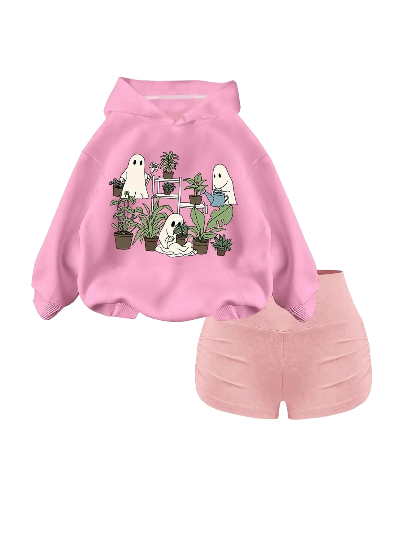 Women's 2-Piece Hooded Sweatshirt Set – Preppy Knit Pullover with Pocket & Halloween Print