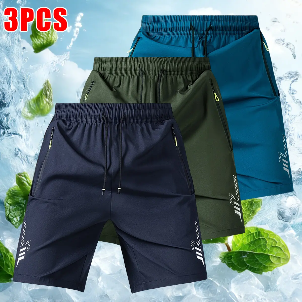 Men's 3-Pack Reflective Print Shorts – Fitted Athletic Running Shorts with Zipper Pockets