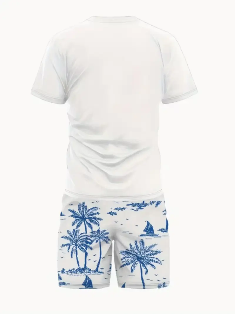 Men's Tropical Palm Tree Print T-Shirt and Shorts Set, Casual Fitted All-Over Print Outfit for Summer, Fashion Comfortable Wear