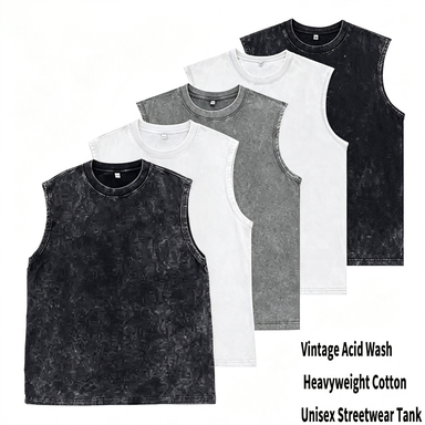 Unisex 5-Pack Acid Wash Tank Tops – Heavyweight Cotton Loose Fit Vintage Streetwear Sleeveless Tees