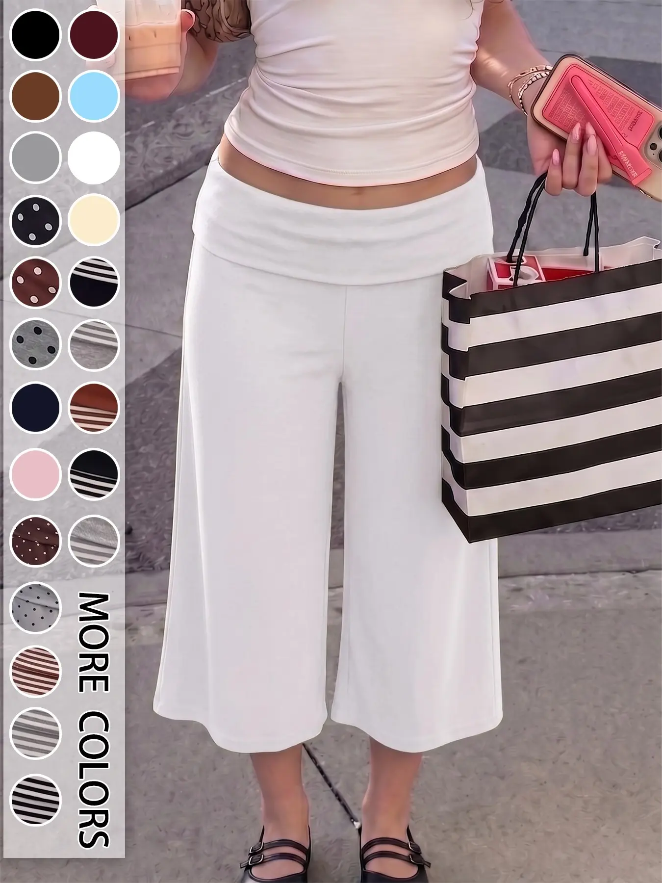 Women's Turn-Up Capri Leggings – Mid Low Waist Loose Fit Yoga Pants