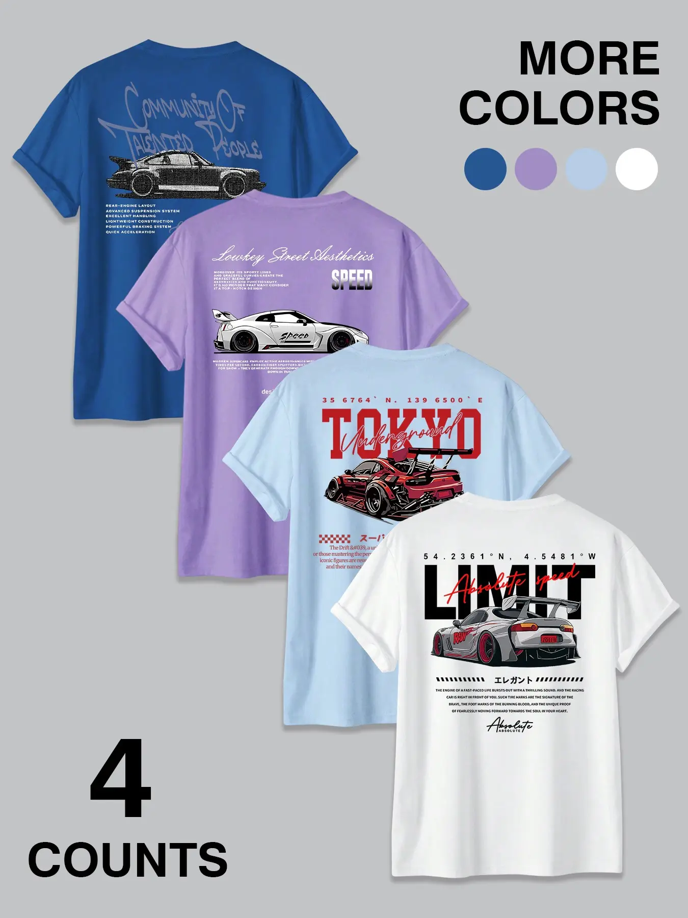 Men's 4-Pack JDM Street Tee – Racing Graphic Fitted Casual T-Shirt Set
