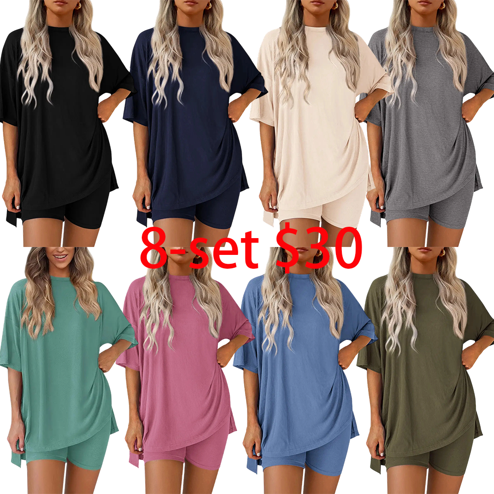 Last Chance! 4 Sets for $24 – Today Only! Women's Crewneck Two-Piece Set – Oversized Split Hem Shirt & Side Pocket Biker Shorts Soft Viscose Lounge Wear Pajamas