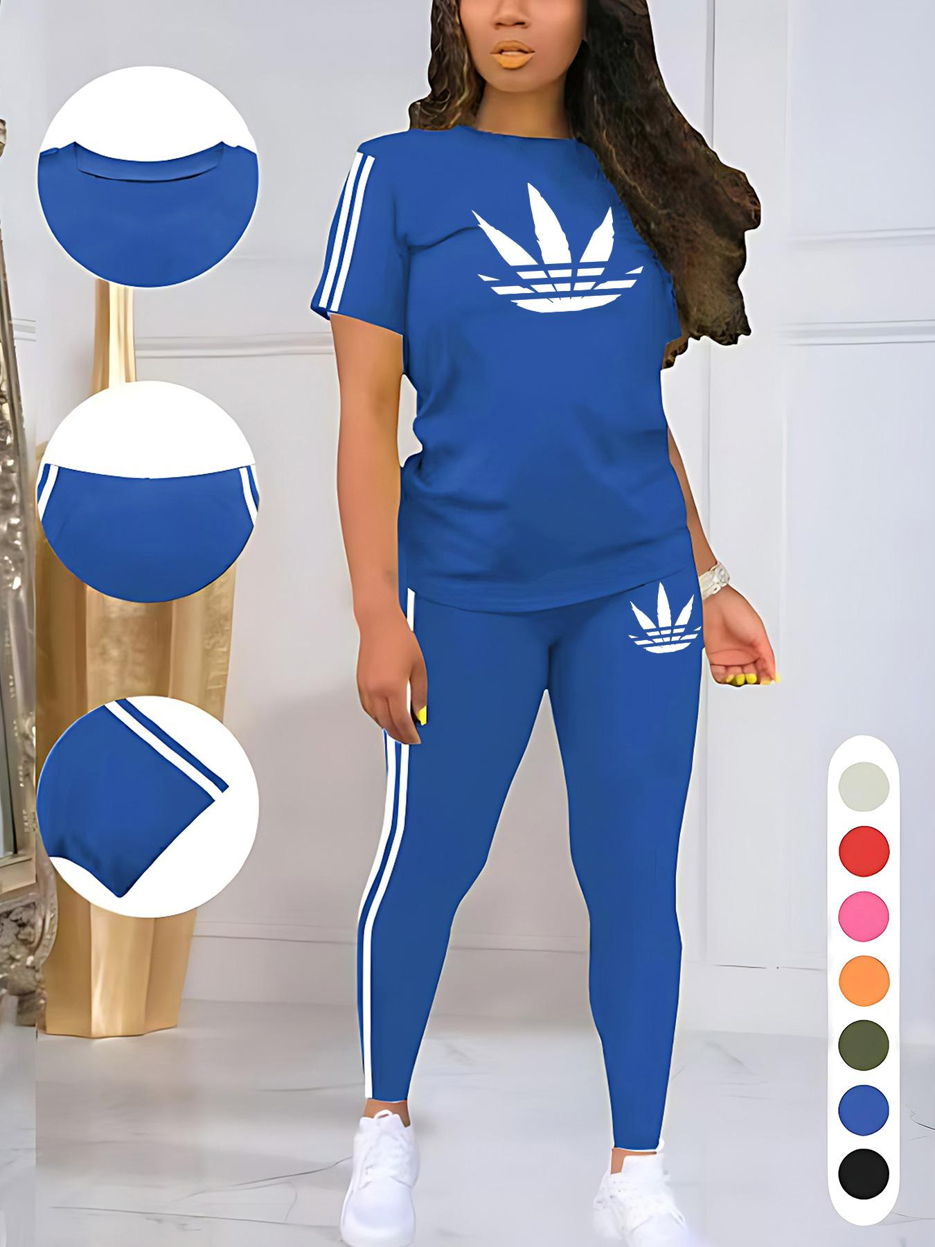 Women's 5-Piece Printed Sporty 2-Piece Set – Round Neck Drawstring Short Sleeve Top & Long Pants, Fitted Letter Pattern Athleisure Wear for Summer Workout & Casual