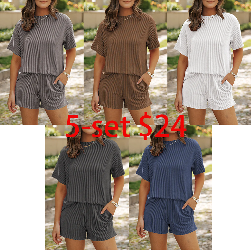 Women's 2-Piece Short Sleeve Twisted Thread Shirt & Shorts Set – Ribbed Textured Lounge Pajamas with Pockets