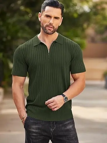 Men's Zipper Polo Shirts – Ribbed Knit Short Sleeve Golf Tops, Worldwide Shipping