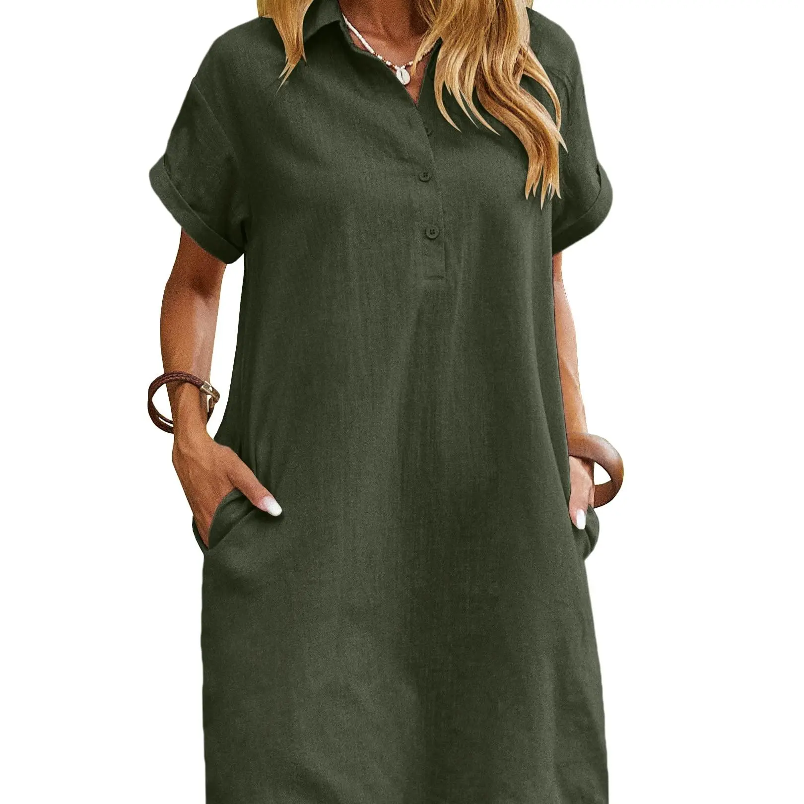 Women's Cotton Shirt Dress – Short Sleeve Button Down Beach Cover Up with Pockets