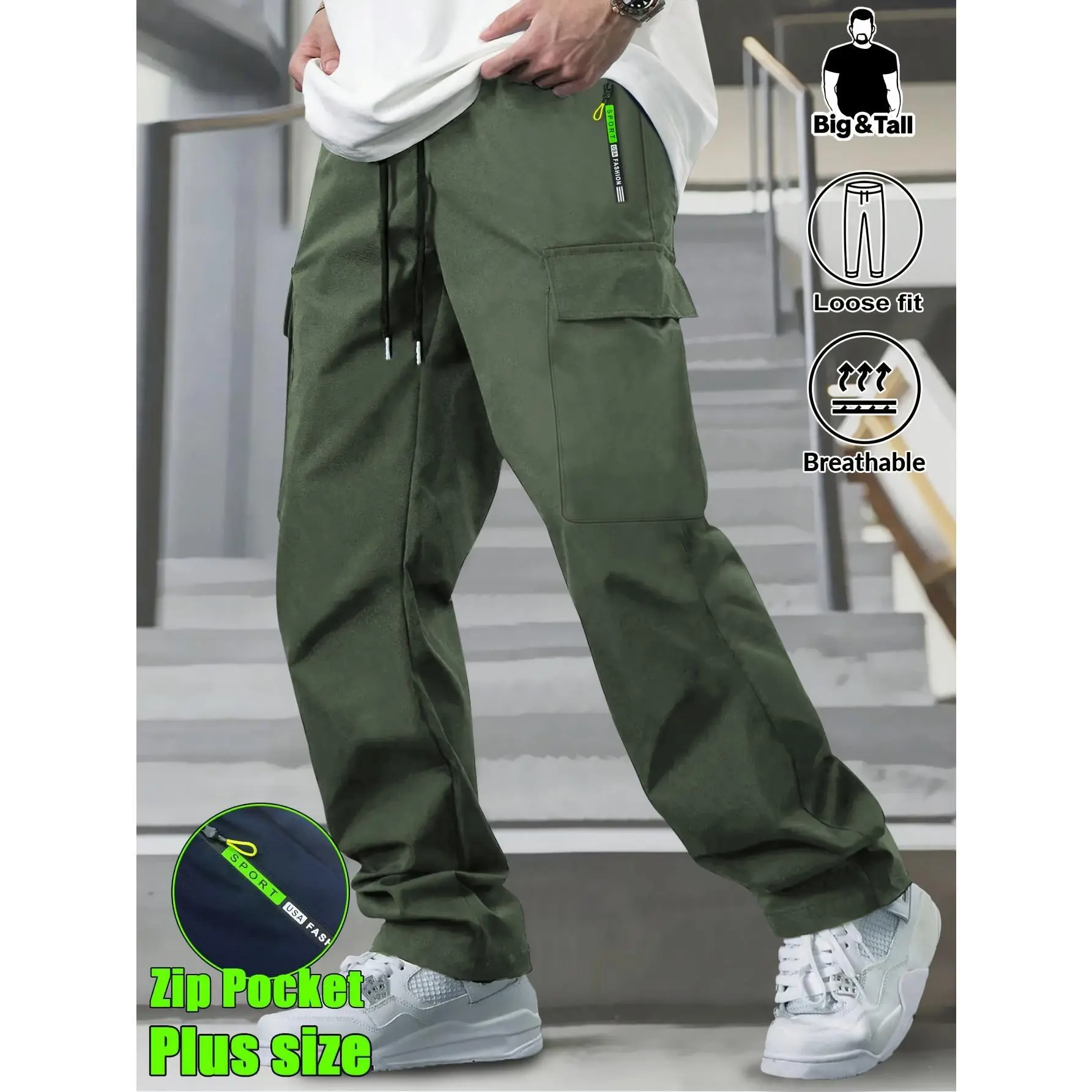 Men's Big & Tall Loose Cargo Pants – Elastic Drawstring Multi-Pocket Casual Streetwear for Outdoor & Daily Wear