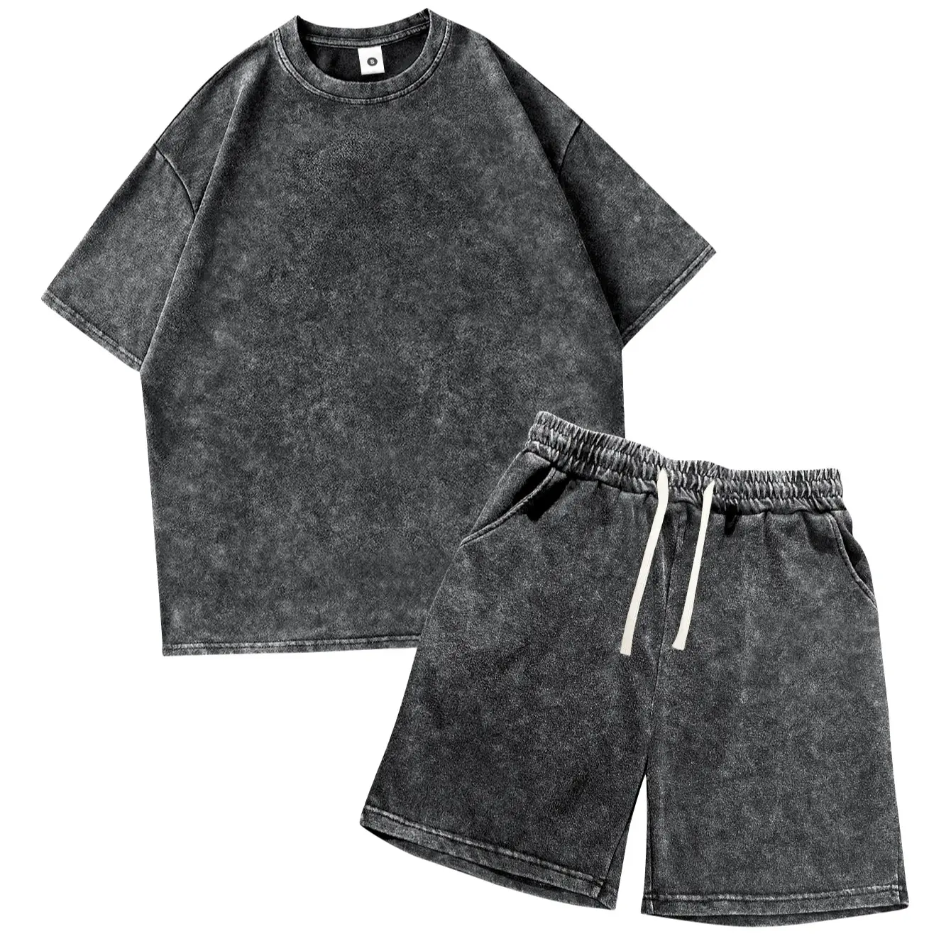 Men's 4-Piece Loungewear Set – Vintage Acid-Wash T-Shirt & Elastic Drawstring Shorts for Summer Casual & Camping