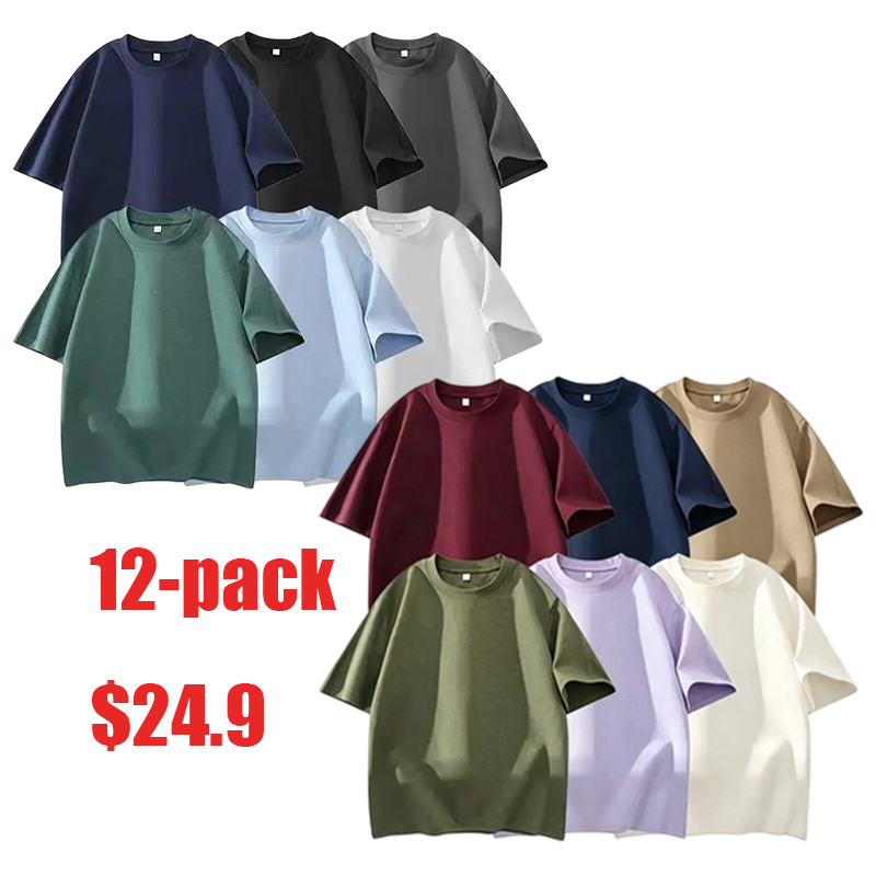 Men's 6-Pack 100% Cotton Crew Neck T-Shirts – Soft Loose Fit Navy Gray Black Tees for Casual Daily Wear
