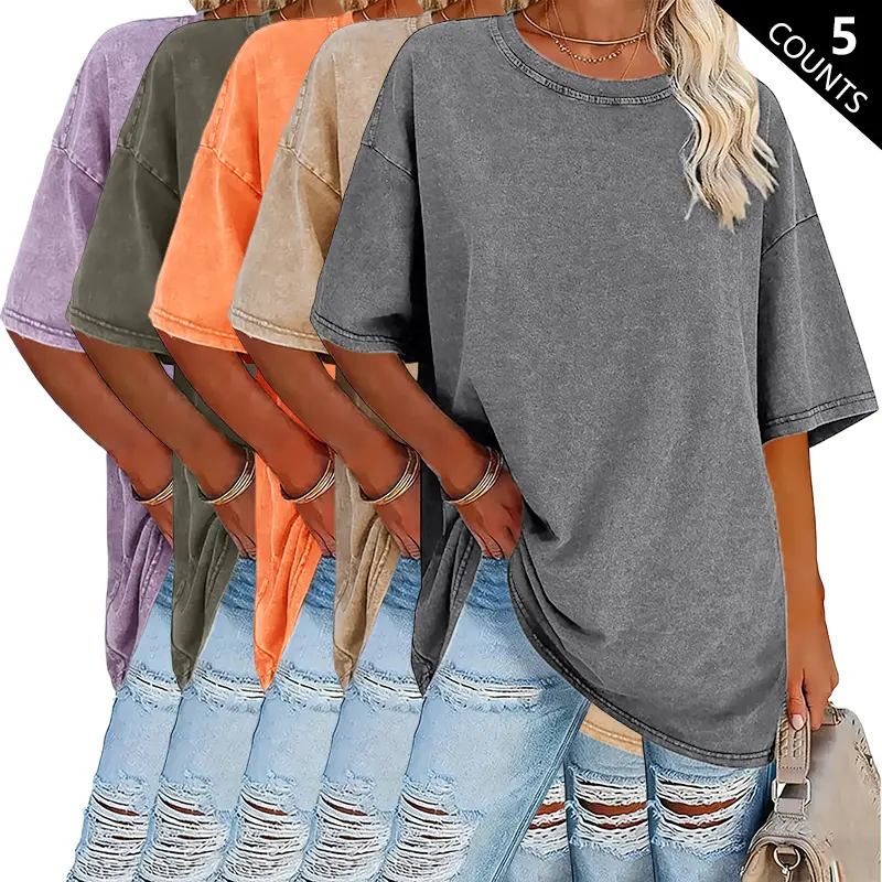 Women's 5-Pack Washed Cotton T-Shirts – 230g/m² Heavyweight Vintage Crew Neck Summer Tees
