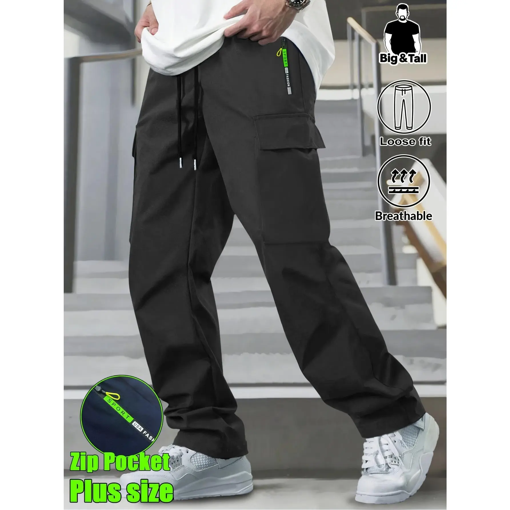 Men's Big & Tall Loose Cargo Pants – Elastic Drawstring Multi-Pocket Casual Streetwear for Outdoor & Daily Wear