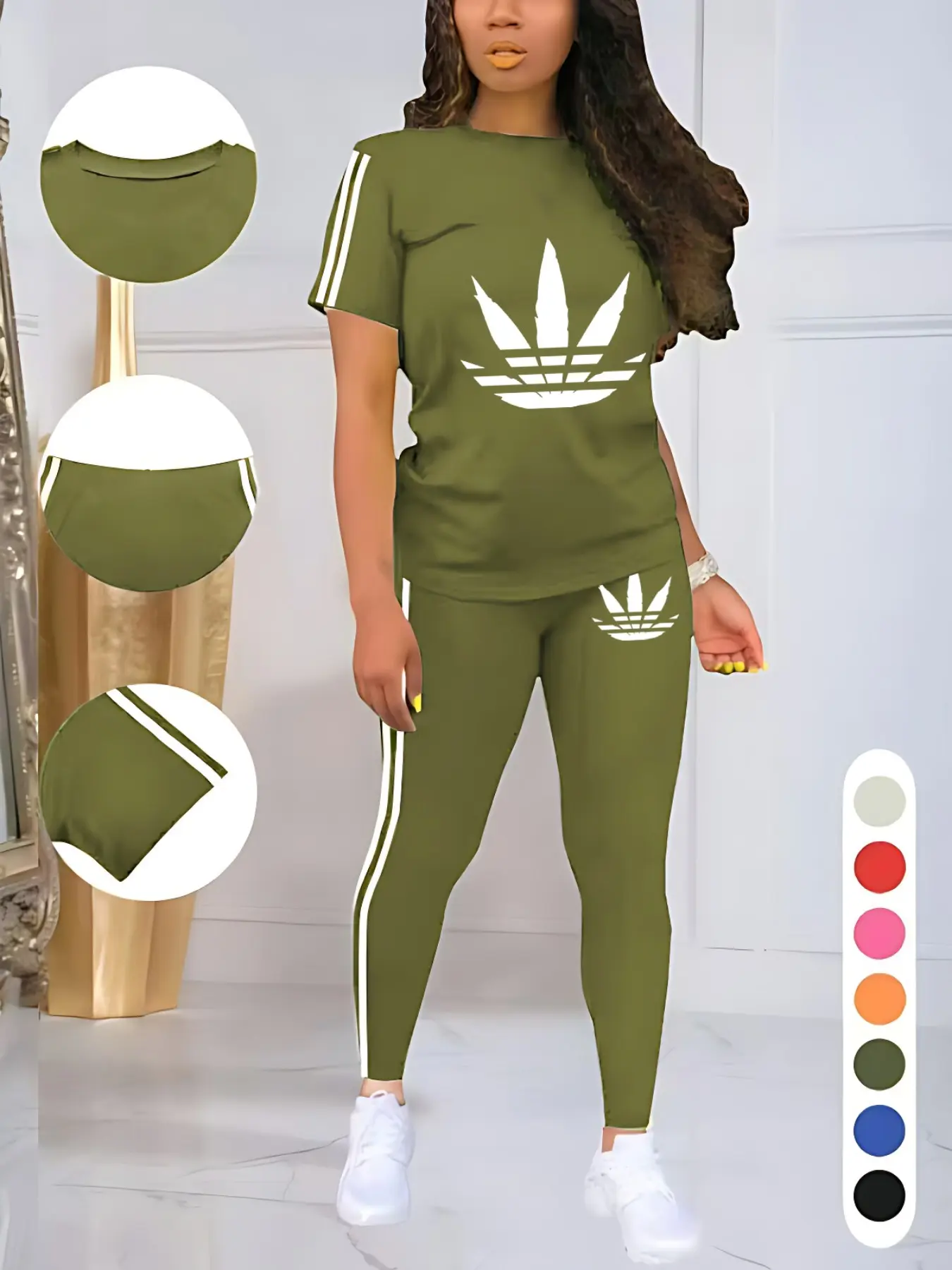 Women's 5-Piece Printed Sporty 2-Piece Set – Round Neck Drawstring Short Sleeve Top & Long Pants, Fitted Letter Pattern Athleisure Wear for Summer Workout & Casual