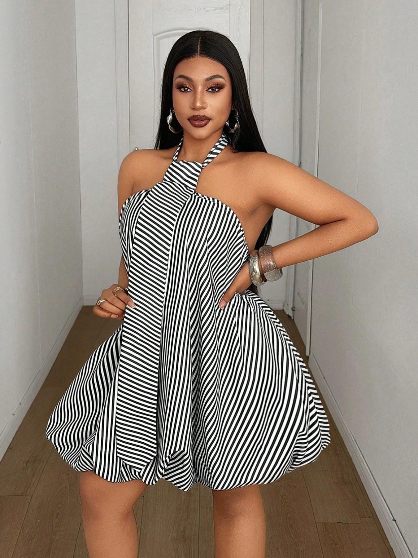 Plus Size Striped Halter Dress – Loose Short Summer Beach Sundress