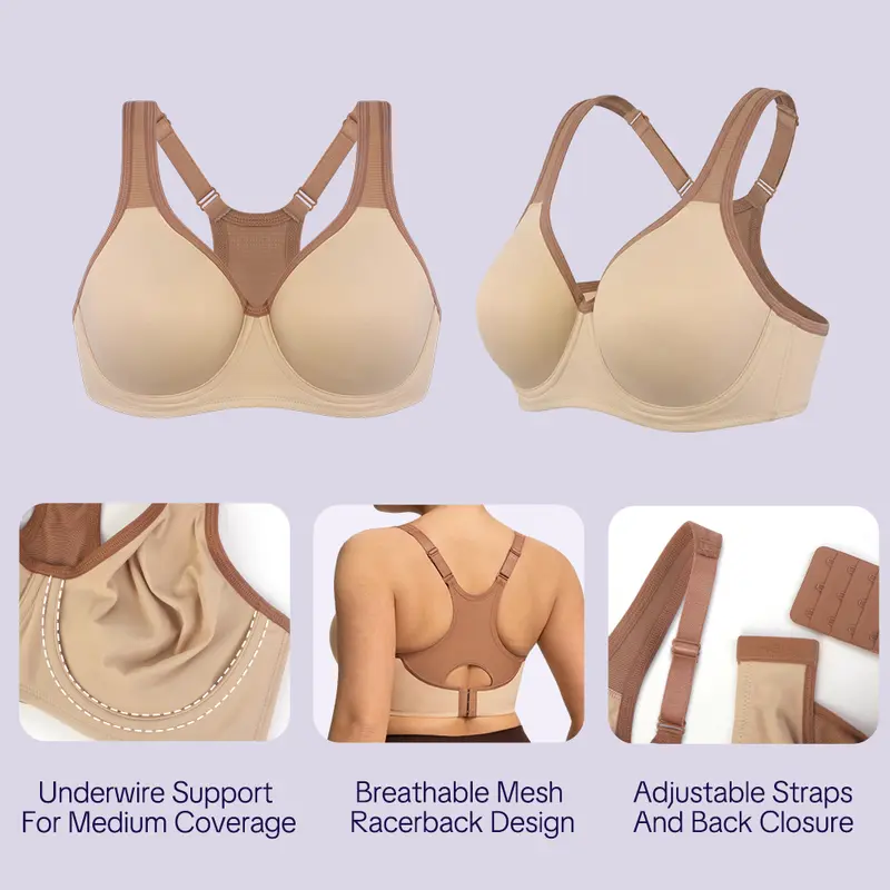 Women's 5-Pack Plus Size Sports Bra – Soft Support Non-Padded Unlined Full Coverage Activewear with Wide Straps & Outside Underwire for Everyday Fitness