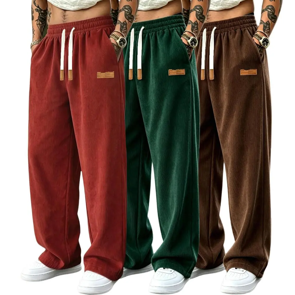 Men's 3-Pack Wide Leg Athletic Pants – Loose Drawstring Casual Streetwear Pants with Leather Tag