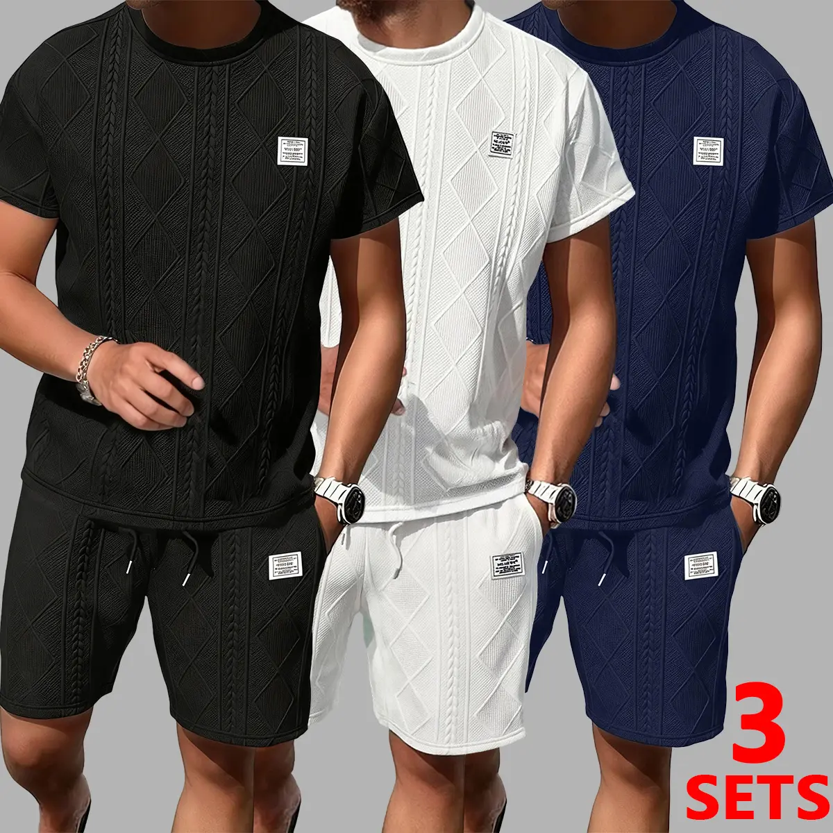 Men's 3 set Casual Jacquard 2-Piece Outfits – Breathable Crew Neck T-Shirt & Shorts Set for Summer Running & Leisure, Preppy Fitted Cut
