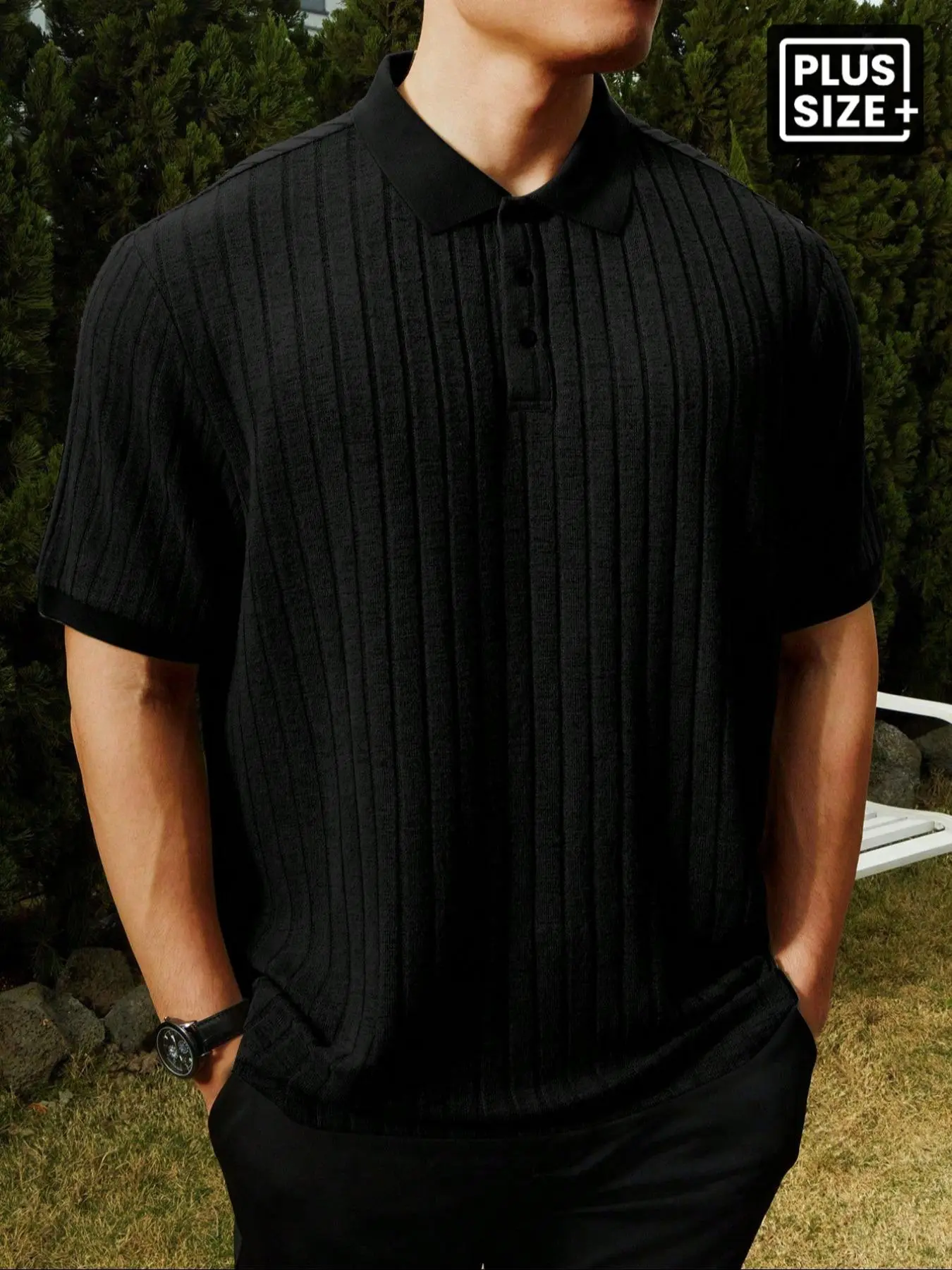 Plus Size Men's Ribbed Polo Shirt – Loose Knit Collar Striped Casual Short Sleeve Top