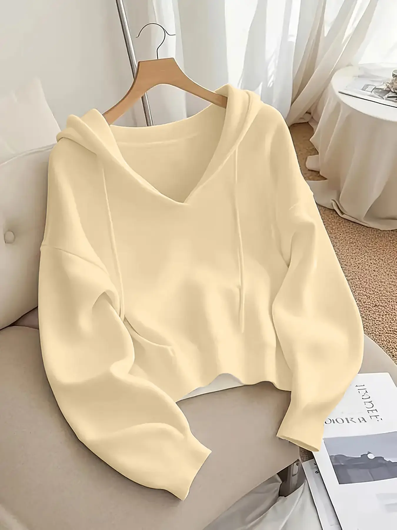 Women's 6-Pack V-Neck Drawstring Hoodie - Loose Fit Soft Knit Pullover, Casual Long Sleeve
