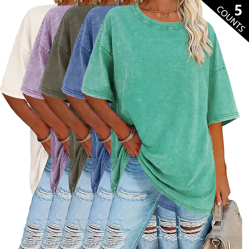 Women's 5-Pack Washed Cotton T-Shirts – 230g/m² Heavyweight Vintage Crew Neck Summer Tees