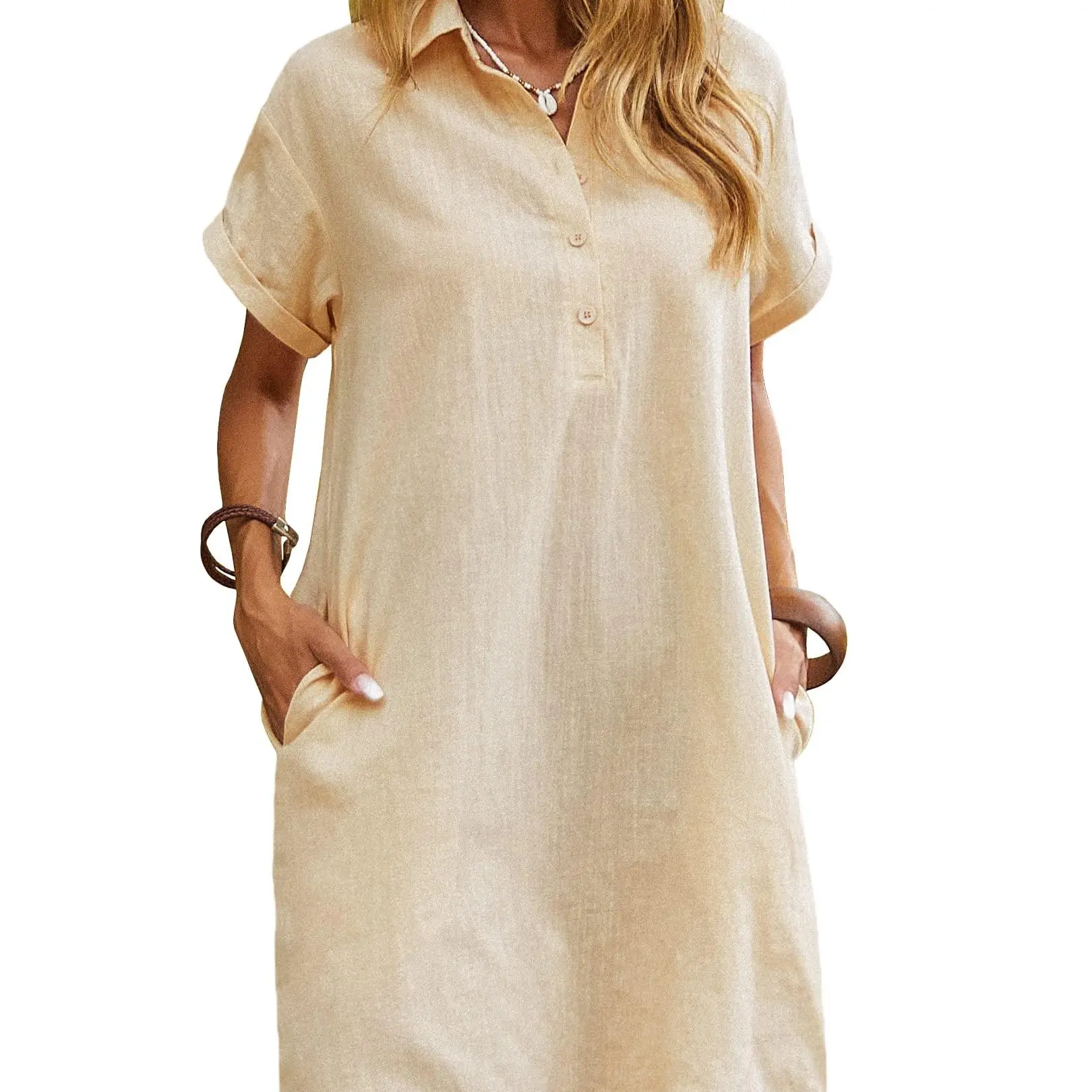 Women's Cotton Shirt Dress – Short Sleeve Button Down Beach Cover Up with Pockets