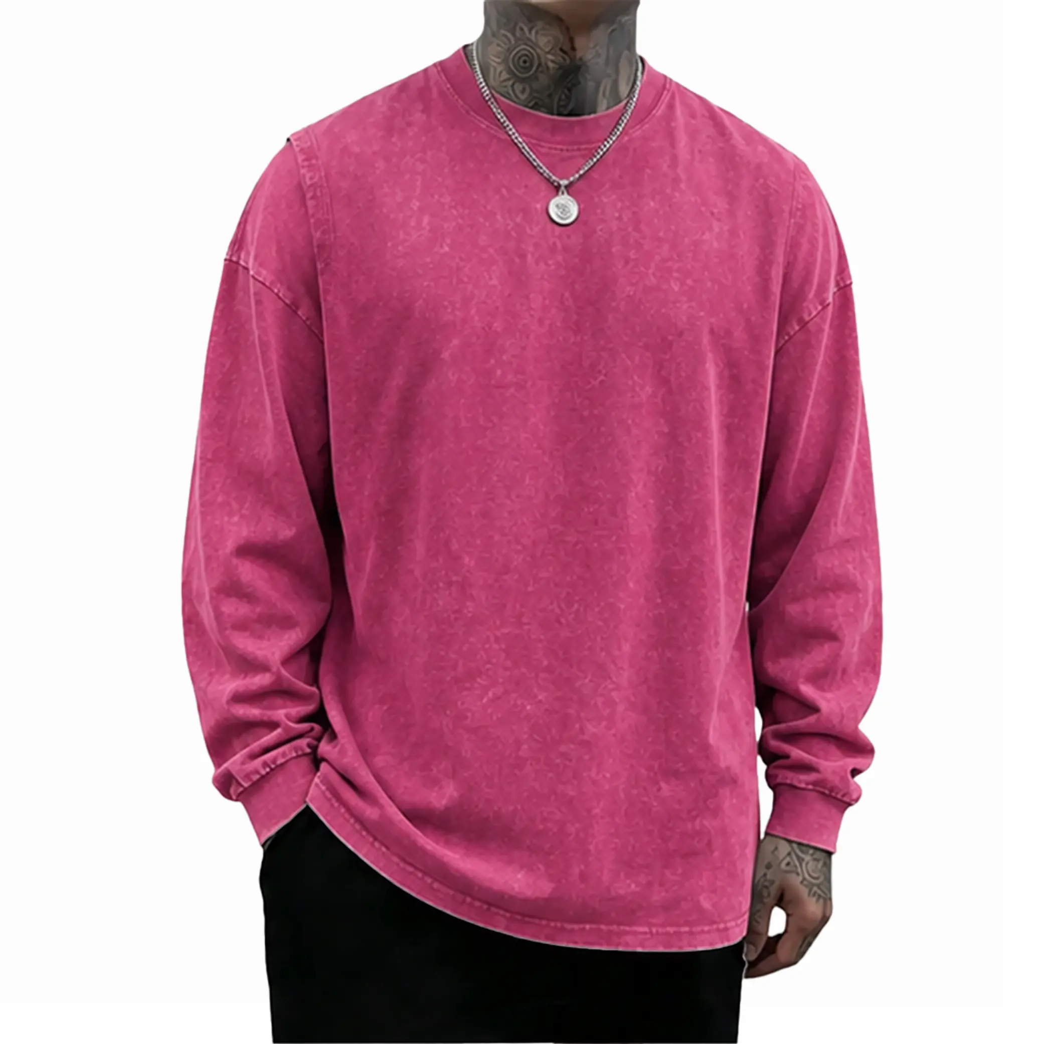 Men's 8-Pack Oversized Washed Long-Sleeve Tee – Unisex Distressed Vintage Crewneck Top