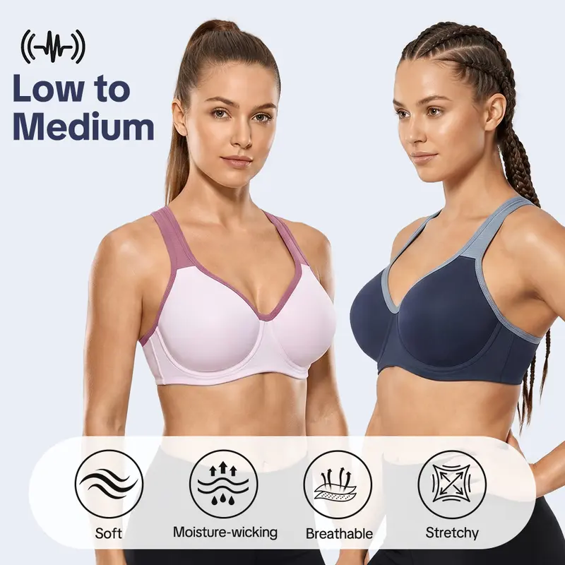 Women's 5-Pack Plus Size Sports Bra – Soft Support Non-Padded Unlined Full Coverage Activewear with Wide Straps & Outside Underwire for Everyday Fitness