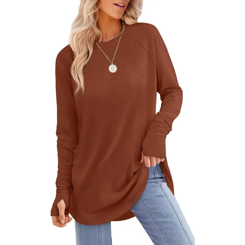 Women's Long Sleeve Tunic Top – Thumb Holes & Curved Hem for Leggings