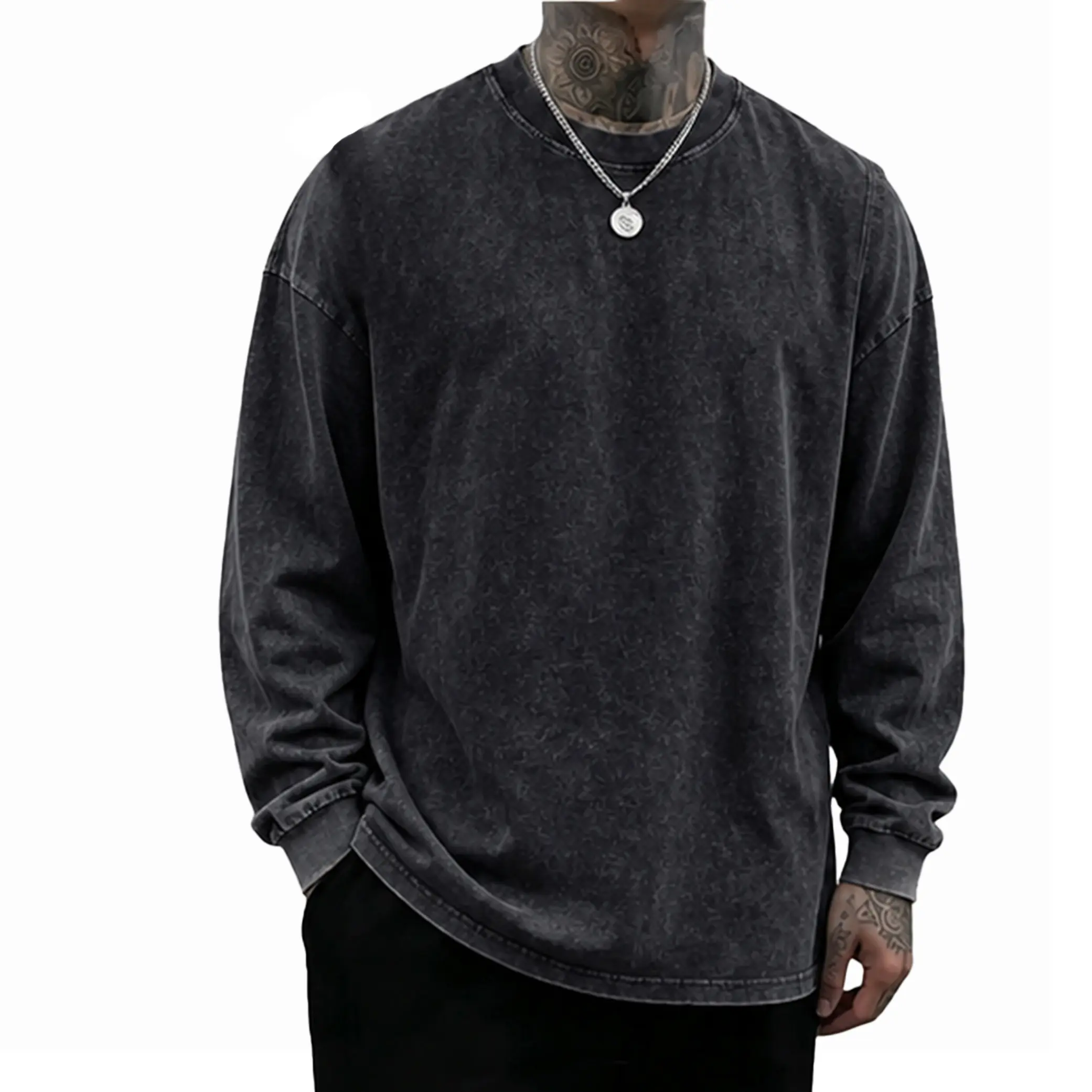 Men's 8-Pack Oversized Washed Long-Sleeve Tee – Unisex Distressed Vintage Crewneck Top