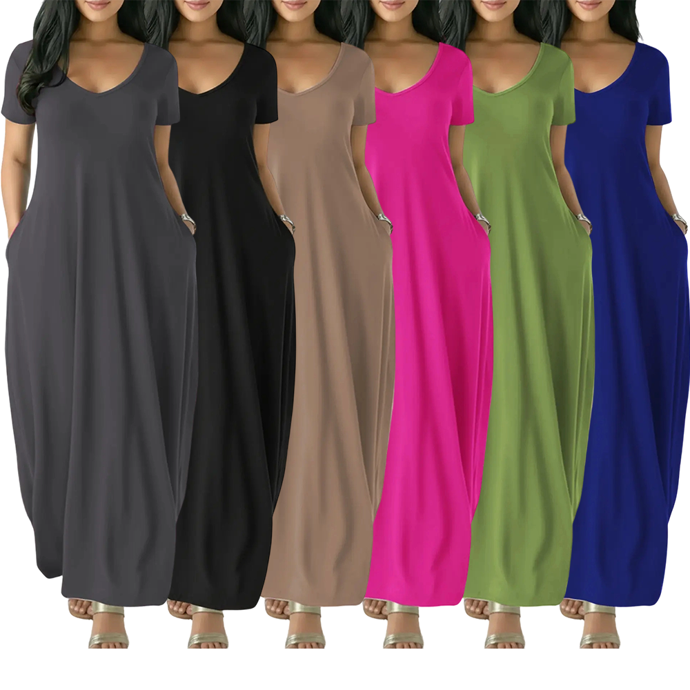 🔥🔥 Last Chance! 6 Pieces for $24.9, Today Only! 🔥Women's Long Coffee Color Dress, Casual Fitted Style, Large Round Neck Short Sleeve Pocket Sleepwear, Soft Fabric All Seasons Wear