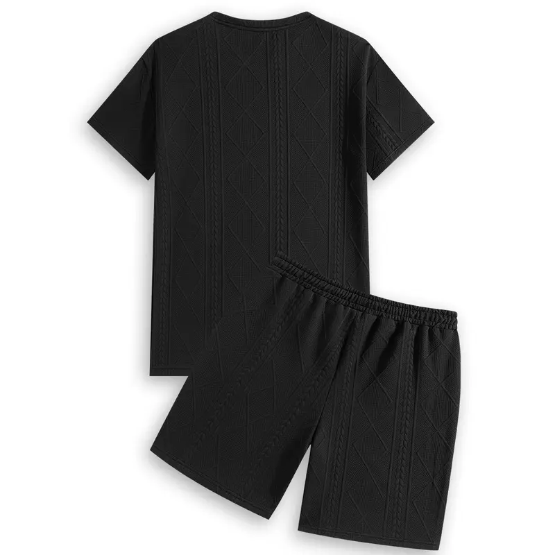 Men's 3 set Casual Jacquard 2-Piece Outfits – Breathable Crew Neck T-Shirt & Shorts Set for Summer Running & Leisure, Preppy Fitted Cut