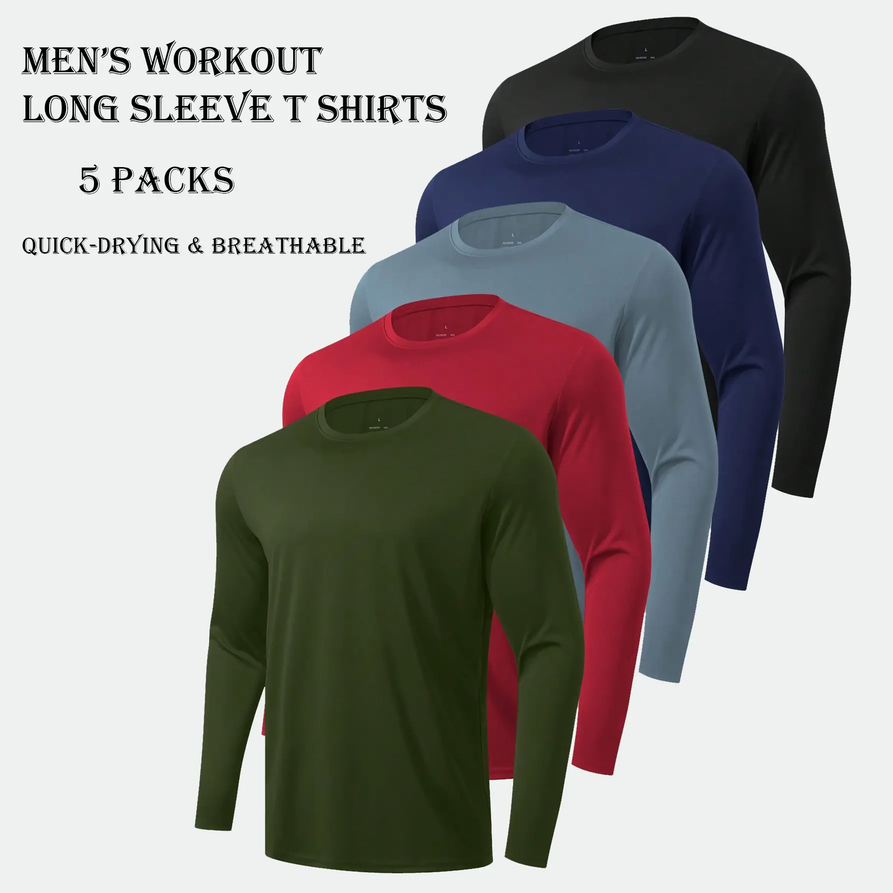10-Pack Men's Long Sleeve Workout T-Shirts – Lightweight Breathable Sports Tops, Multi-Color