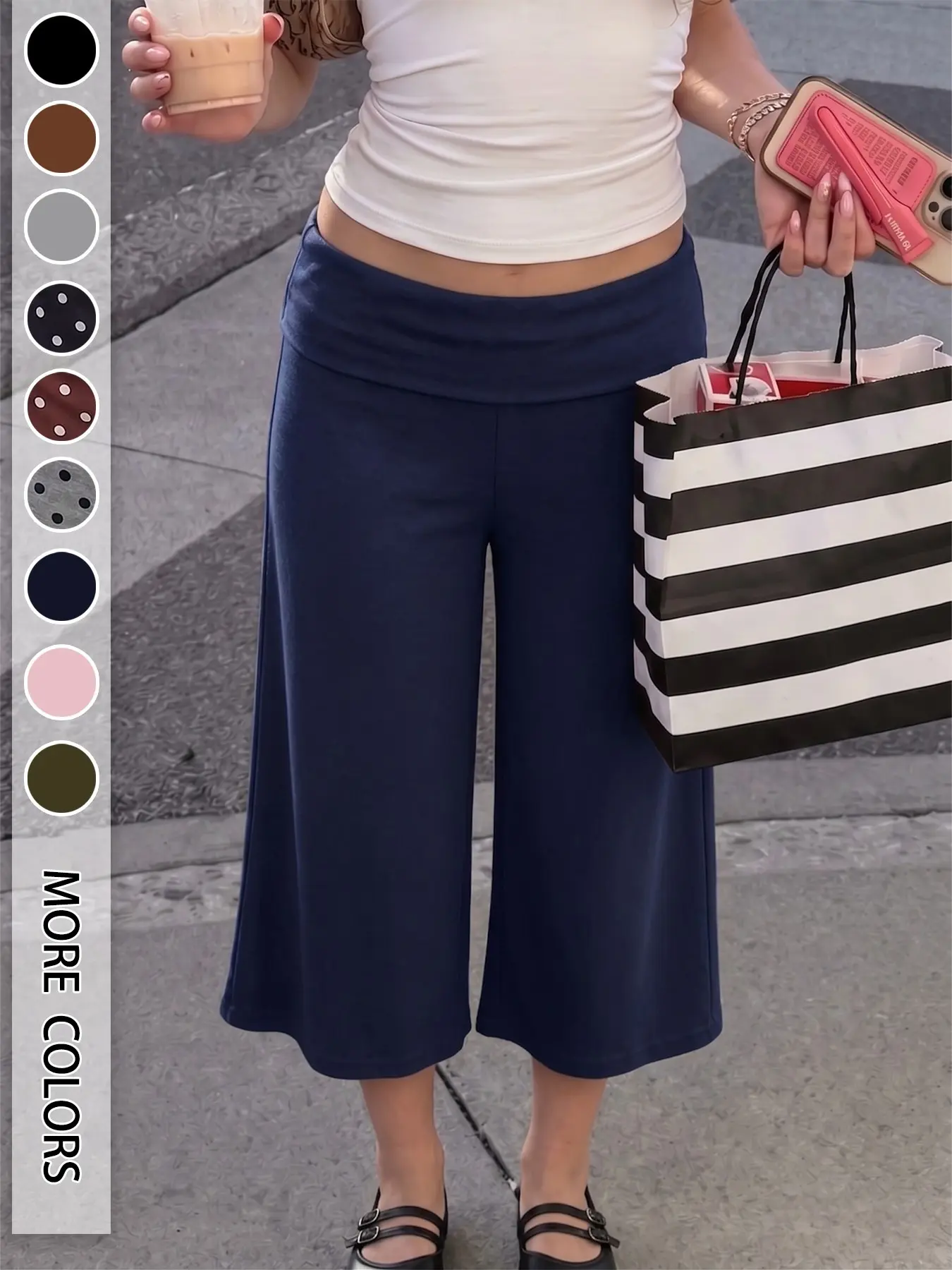Women's Turn-Up Capri Leggings – Mid Low Waist Loose Fit Yoga Pants