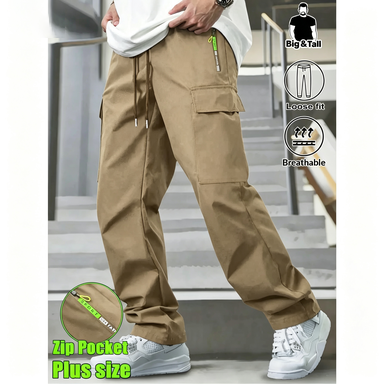 Men's Big & Tall Loose Cargo Pants – Elastic Drawstring Multi-Pocket Casual Streetwear for Outdoor & Daily Wear
