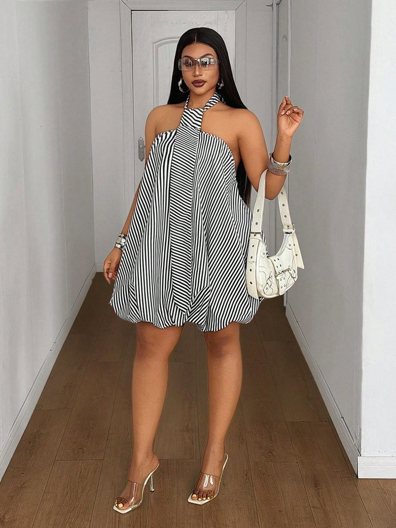 Plus Size Striped Halter Dress – Loose Short Summer Beach Sundress